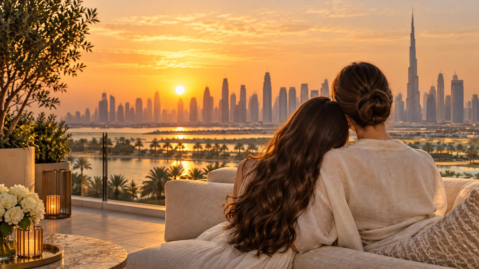 A mother and daughter resting together on a terrace above Dubai at sunset